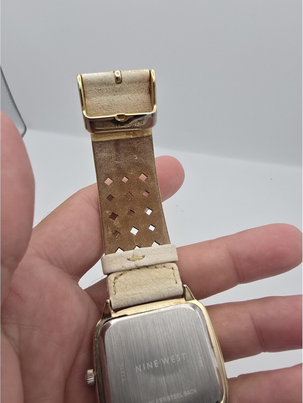 Nine West NW/1080 Gold Tone Tonneau Cream Perforated Leather Analog Quartz Watch - Picture 5 of 9